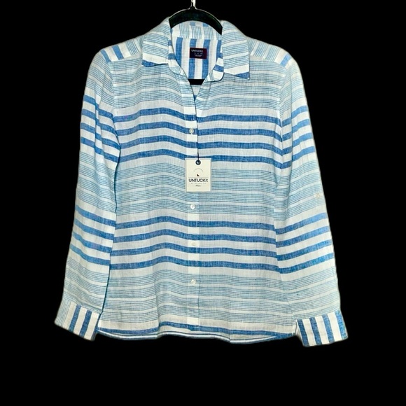 NWT UNTUCKit 100% Linen Vietti Blue & White Patterned Button Down Shirt, Size 0 - Picture 1 of 12